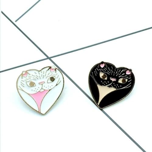 Cat Smile Face Enamel Pin Black White Heart Brooch Denim Jeans shirt bagHeart Badge Animal Jewelry Gift for Friends