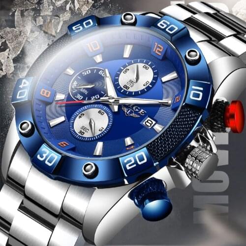 Fashion New LIGE 10025 Men Stainless Steel Blue Luxury Sport Chronograph Quartz Watch Simple Business Wristwatches Male