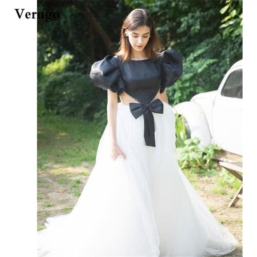 Verngo Korea A Line Black And White Wedding Dresses Puff Short Sleeves Pearl Jewel Satin Tulle Bow Bridal Party Gown Reception