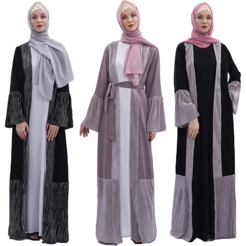 Dubai Women Kaftan Abaya Muslim Islamic Open Cardigan Kimono Long Dress Jilbab Pleated Patchwork Arab Robe Gown Turkish Fashion