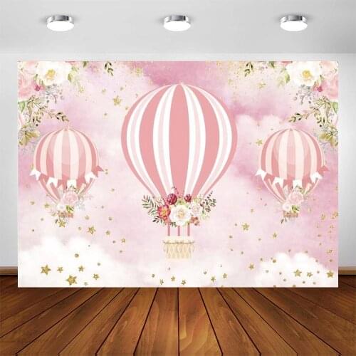 Hot Air Balloon Backdrops Newborn Baby Pink Flowers Stars Birthday Party Decoration Photography Background Custom Photo Studio