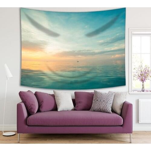 Tapestry Relaxing Seascape with Wide Horizon Sky and Sea Scenic View at Sunset Blue Yellow