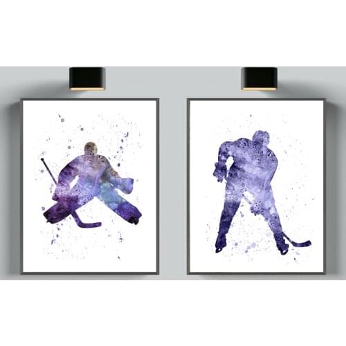 Hockey Player Watercolor Art Painting Canvas Print Goalie Silhouette Poster Boys Room Wall Decoration Pictures Ice Hockey Gifts