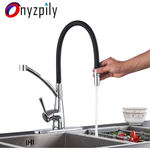 Onyzpily Chrome Kitchen Sink faucet Pull Down with cover 360 Rotation Deck Mounted Faucet Cold and Hot Mixer