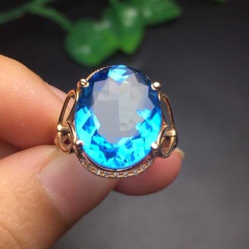 Fine Jewelry Customize Size Real 18K Rose Gold AU750 Jewellery 100% Natural Blue Topaz Gemstone Female Rings for Women Fine Ring