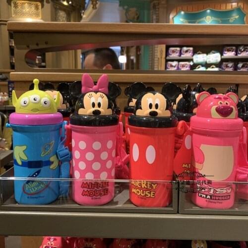 Disneyland Mickey Strawberry Bear three-eye card Alien pass children with straws on straps cup water bottle