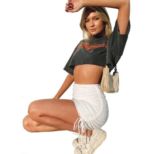 Summer Woman Skirts Knitted Thread Side Drawstring Elastic Pleated Y2k Skirt Sexy Slim Adjustable Mini Skirt Streetwear