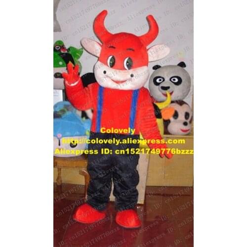 Fancy Red Bull Cow Mascot Costume Mascotte Ox Cattle Calf Bovini With Big Black Eyes Black Overalls Adult No.2259 Free Shipping