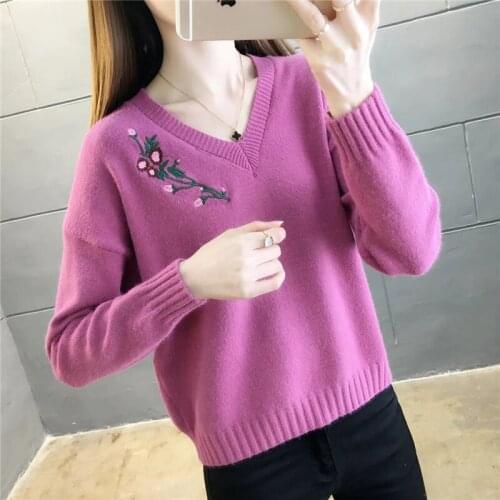 Fashion Pullovers Sweater Womens 2021 Spring Autumn V-neck Embroidered Sweater Women Loose All-match bottoming shirt Jumper