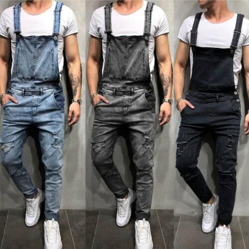 Fashion mens suspenders denim panties tear jeans trousers popular work clothes ripped jeans for men