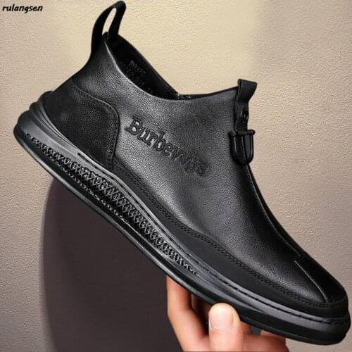 Rulangs Leather boots mens black mid-high-top leather shoes increase in leather boots casual Korean mid-tube boots men 38-44