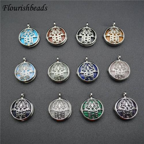 Natural Stone Symmetrical Auspicious Clouds Round Cabochon Metal Hollow Out Necklace Pendant Fashion Jewelry Findings 10pc / Lot