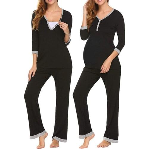 New Sleepwear Pregnant Women 3-Quarter Sleeve Contrasting Color Stitching Adjustable Trousers Pajamas Suit V-Neck Pjs Women