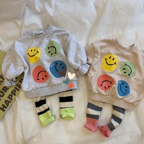 Koodykids Baby Boys Long Sleeve Sweatshirts Autumn Toddler Boys Girls Grey Smile Printed Shirts Spring Base Style Baby Tops