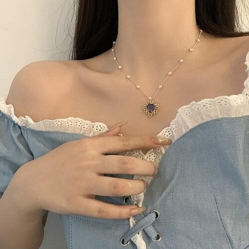 Restoring Ancient Ways Is Contracted Light Purple Hearts Imitation Pearl Necklace Women Noble Luxury Accessories Necklace