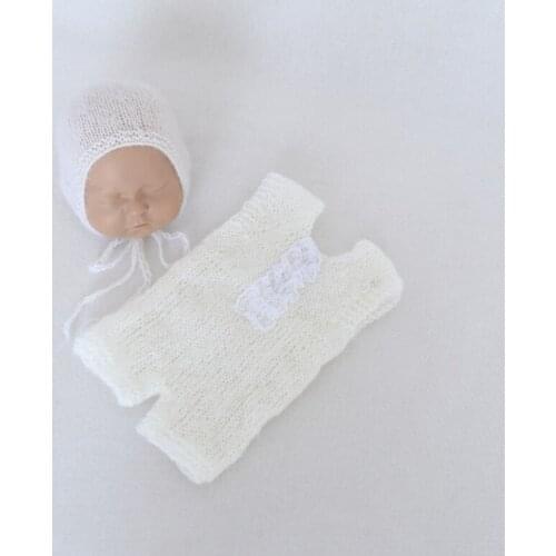 White Mohair Knitted Bonnet And Romper Hooded Suit For Newborn Photography Props Baby Handmade Crochet Hat And Romper Photo Prop