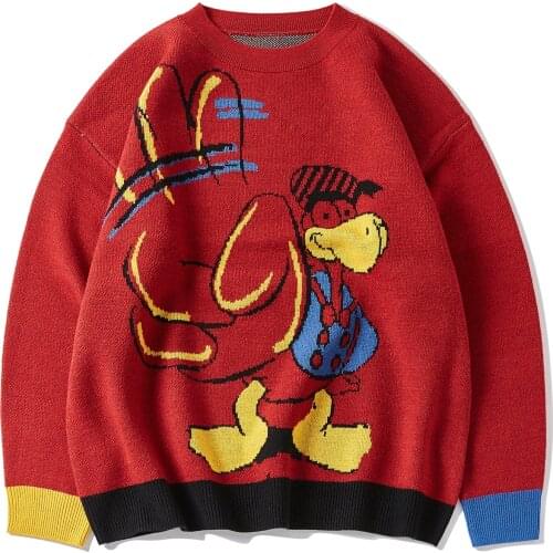 Hip Hop Hand Drawn Duck Print Knitted Sweater Men Women 2021 Cotton Harajuku Sweater Oversized Streetwear Loose Pullover Unsiex