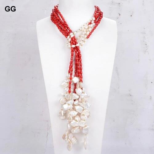 GuaiGuai Jewelry 51" 3Strands Freshwater cultured white Keshi Pearl red Coral long loop Necklace