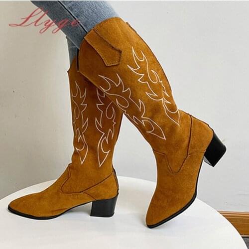 Vintage Women Long Boots Retro Embroidery Shoes Female 2021 Autumn Faux Leather Ladies Knee High Boots Block Heels Woman Shoes