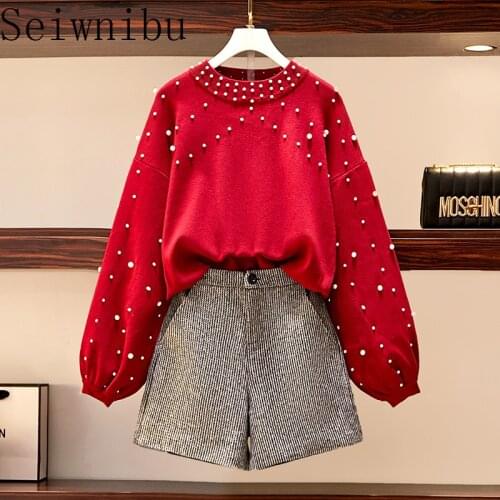 2020 New Autumn Winter Two Piece Set Tracksuit Women Elegant Beading Knitted Sweater+shorts Ladies Outfits