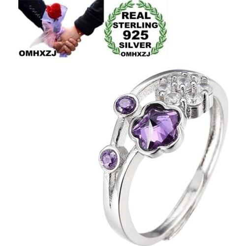 OMHXZJ Wholesale European Fashion Woman Girl Party Wedding Gift White Flower Amethyst AAA Zircon 925 Sterling Silver Ring RR220