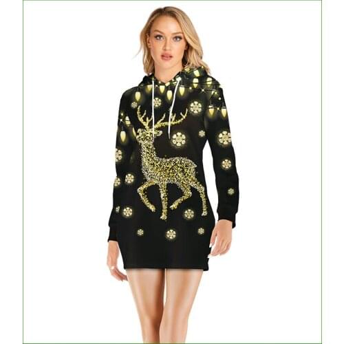 2020 Autumn and Winter Christmas Reindeer Digital Printing Womens Casual Hooded Sweater Long-Sleeved Sweater Dress Women