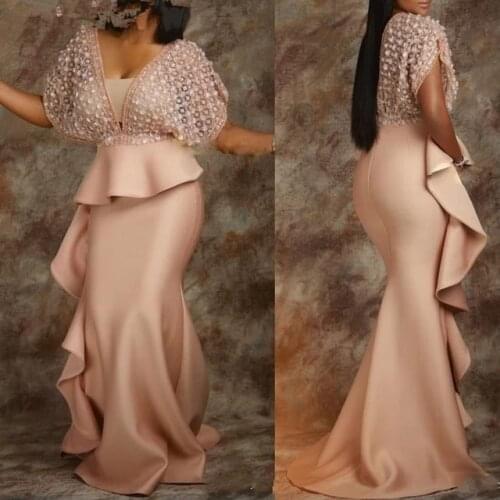 2021Elegant Champagne African Abiye Long Mermaid Evening Dress with Sleeves Peplum Ruffles Plus Size Formal Prom Dresses платье