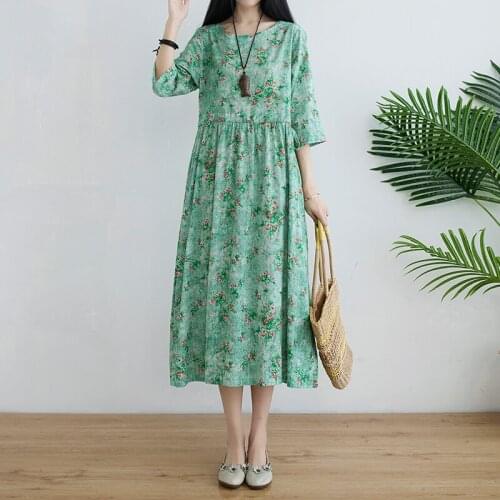 Print Floral Prairie Chic Vintage Dress 2021 New Cotton Linen Loose Women Casual Summer Dress Draw String Office Lady Work Dress