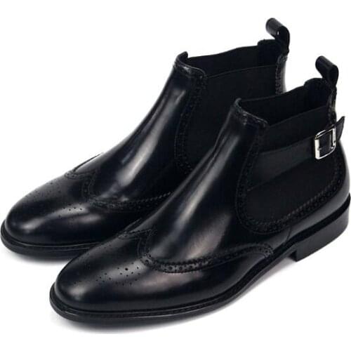 Winter High Top Carved Ankle boots Genuine Leather Black Fashion Boots Male Handmade England Style Chelsea Boots