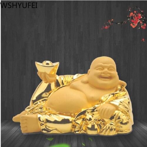 Gold Laughing Buddha Resin Statue Maitreya Buddha Sculpture Figurines Ornaments Home Car Bedroom Garden Decoration Statues