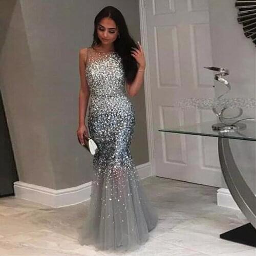 Brilliant Tulle Jewel Neckline Mermaid Evening Dress With Beadings Cutout Bling Bling Silver Prom Dress vestido formatura