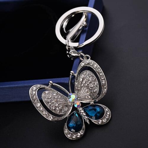 Red Blue Crystal Butterfly Keychain Glitter Rhinestone Metal Key Ring for Women Fashion Chic Bag Pendant Backpack Accessories