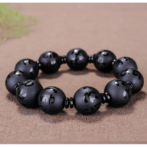 Black Obsidian Six-character True Proverbs Single Bracelet Jewelry Fine Jewelry Crystal Buddha Bead Carved Bracelet