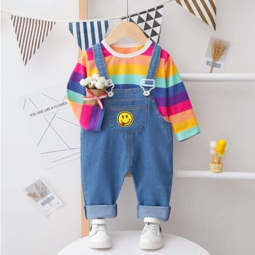 Spring Autumn Children Baby Girls Clothing Sets rainbow t-shirt denim overalls Pants 2pcs Infant Clothes Suit Toddler Costume