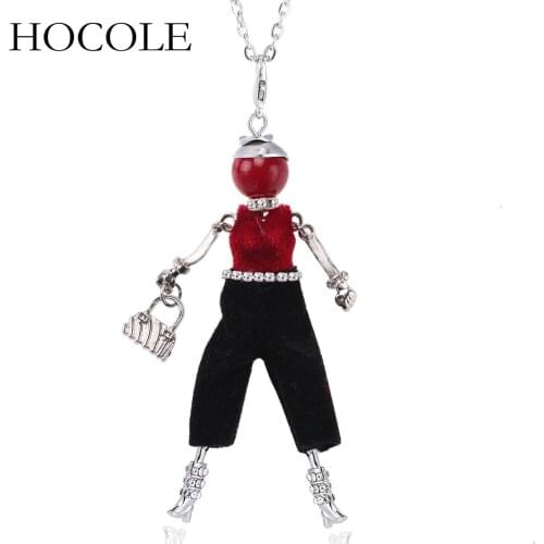 HOCOLE Silver Color Chain Crystal Rhinestone Girl Pendant Necklace Statement Fashion Doll Necklace Jewelry Female Long Necklace