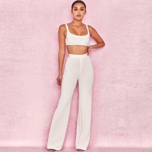 Chic Spaghetti Strap Cold Shoulder Wide Leg Camisole Sleeveless Empire Waist Two Pieces Bandage Pants Set