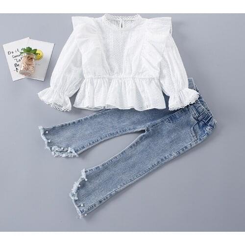 2-7 Years High Quality Spring Girl Clothing Set 2021 New Fashion Floral Solid Shirt + Pearl Jeans Kid Children Girls Clothing