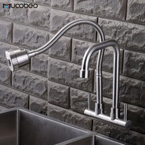 304 Stainless Steel Kitchen Faucet Double Head Double Head Sink Tap Single Cold Water Wall Mounted Faucet