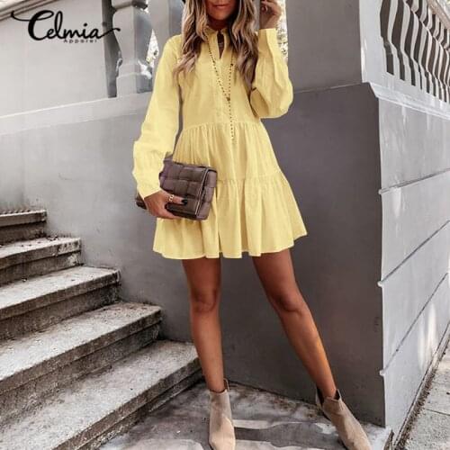 Celmia 2021 Summer Shirt Dress Women Long Sleeve Pleated Stitching Sexy Mini Dress Casual O-neck A-line Party Vestidos Oversized
