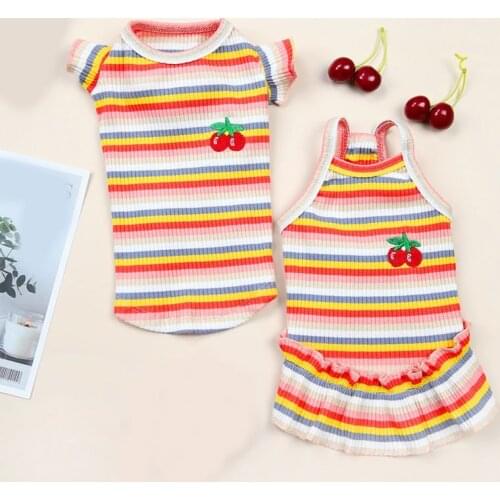 Summer Cherry Embroidery Striped Pet T-shirt Dog Skirt Sweet Rainbow Dogs shirt Vest Puppy Clothes Knitted Dog Dress Pet Supply