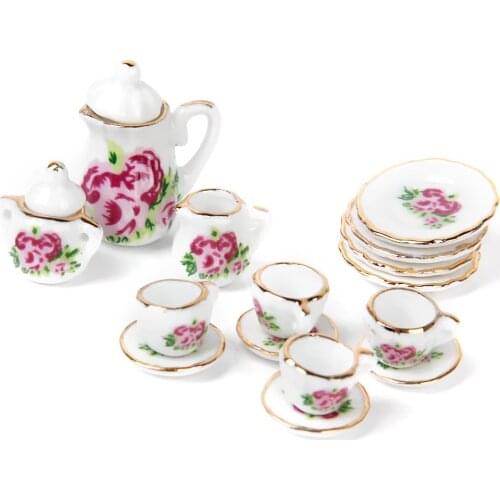 MYMF Best Sale 15 pieces Porcelain tea set Dollhouse miniature foods Chinese rose dishes cup