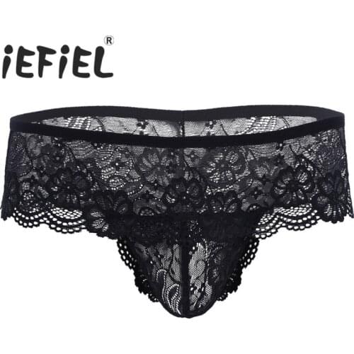 IEFiEL New Arrival Mens Lacework Open Butt Bulge Pouch G-string Bikini Underwear Low-rise Gay Breathable Brief Lace Underwear