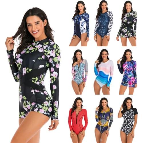 New Swimsuit Women Rashguard Long Sleeve One Piece Swimwear UV Protection Print Zipper Surf Rash Guard Spa Bathing Suit