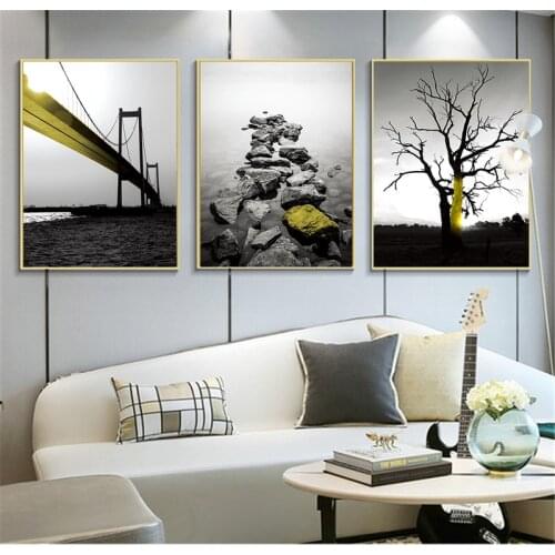 Nordic Poster Yellow Bridge Tree Stone Painting Black White Wall Art Canvas Printings Home Decor Scandinavian Decoration Maison