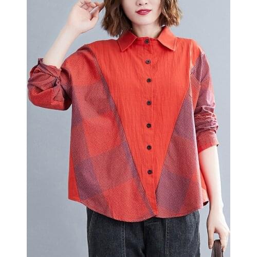 Oversized Women Cotton Linen Casual Shirts New 2020 Autumn Simple Style Vintage Plaid Patchwork Female Long Sleeve Tops S242