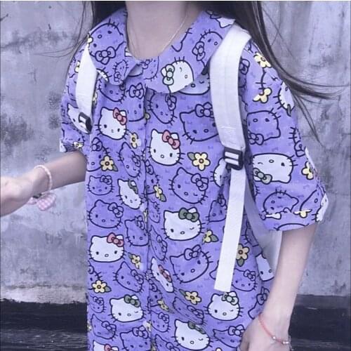 Kawaii Womans Summer New Style Purple Short-sleeved Shirt Cartoon Kitten Print Japanese Doll Collar Girl Shirt