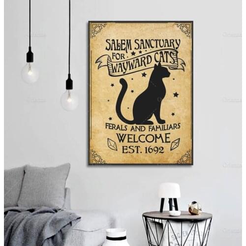 Salem Sanctuary For Wayward Cats Poster, Cat And Skulls Poster, Black Cat Wall Decor, Halloween Poster, Witch With Brooms Print
