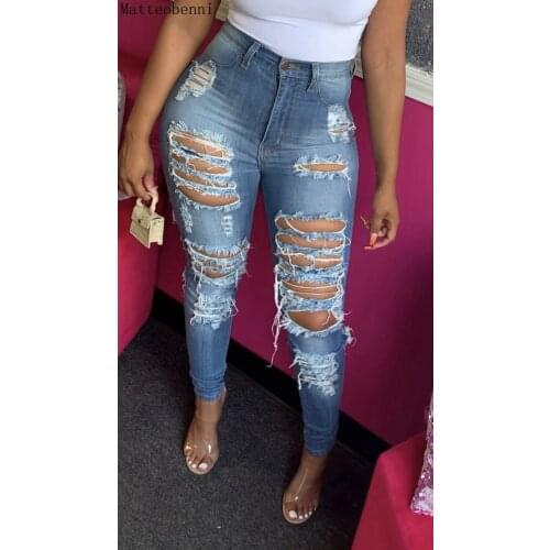 Sexy Ripped Hole Jeans For Women Skinny Denim Pants High Waist Stretch Boyfriend Jeans Torn Jeggings Plus Size Mom Calca Jeans