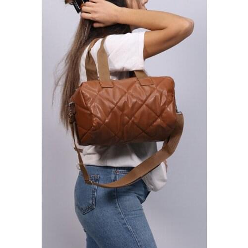 Women Tan Quilted Print Puff Cylinder Bag