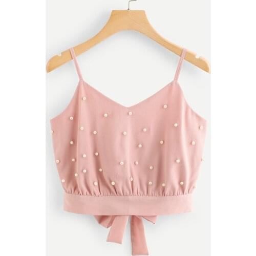 2020 Womens Tank Top Chiffon Camisole Sleeveless Tops Solid Pearl Beading Camis Vest Crop Tops Summer Women clothes топ женский